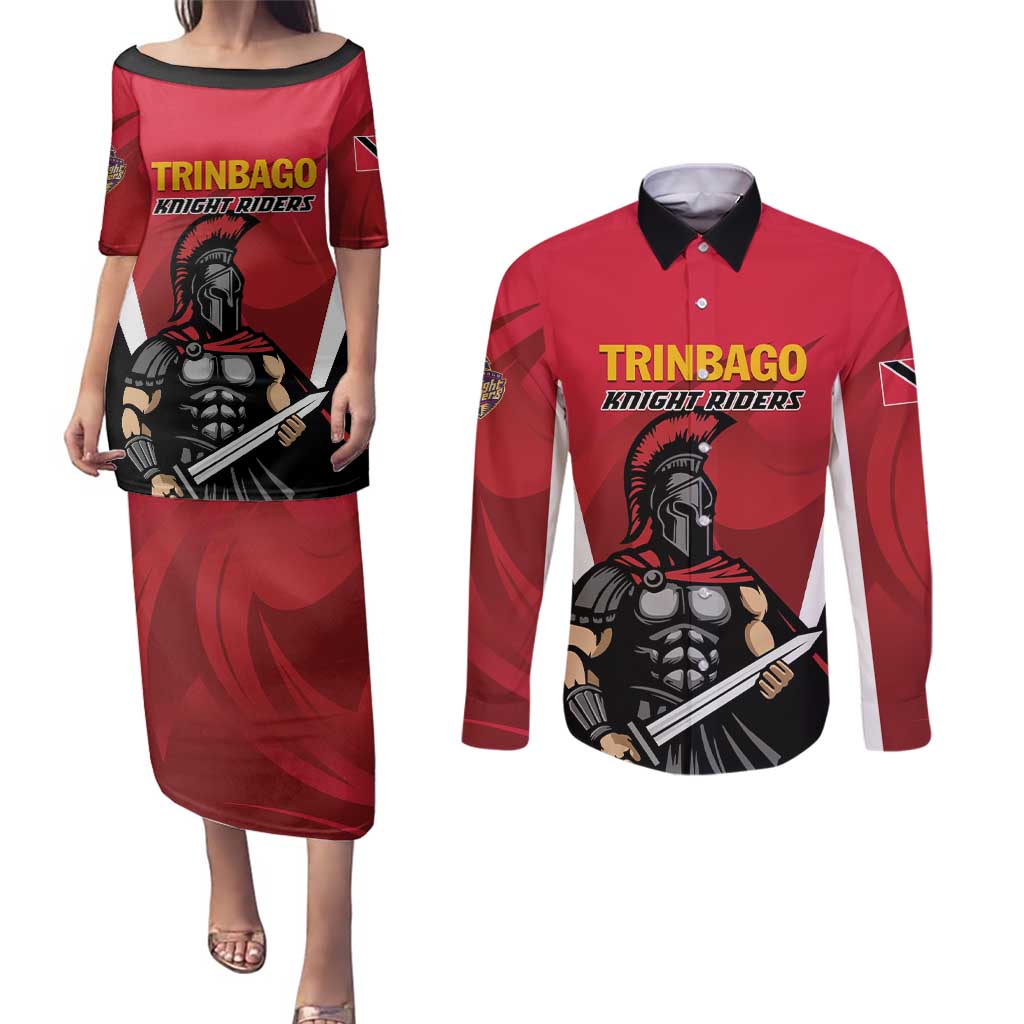 Custom Trinidad and Tobago Cricket Knight Riders Couples Matching Puletasi and Long Sleeve Button Shirt Trinbago Wave The Red - Wonder Print Shop