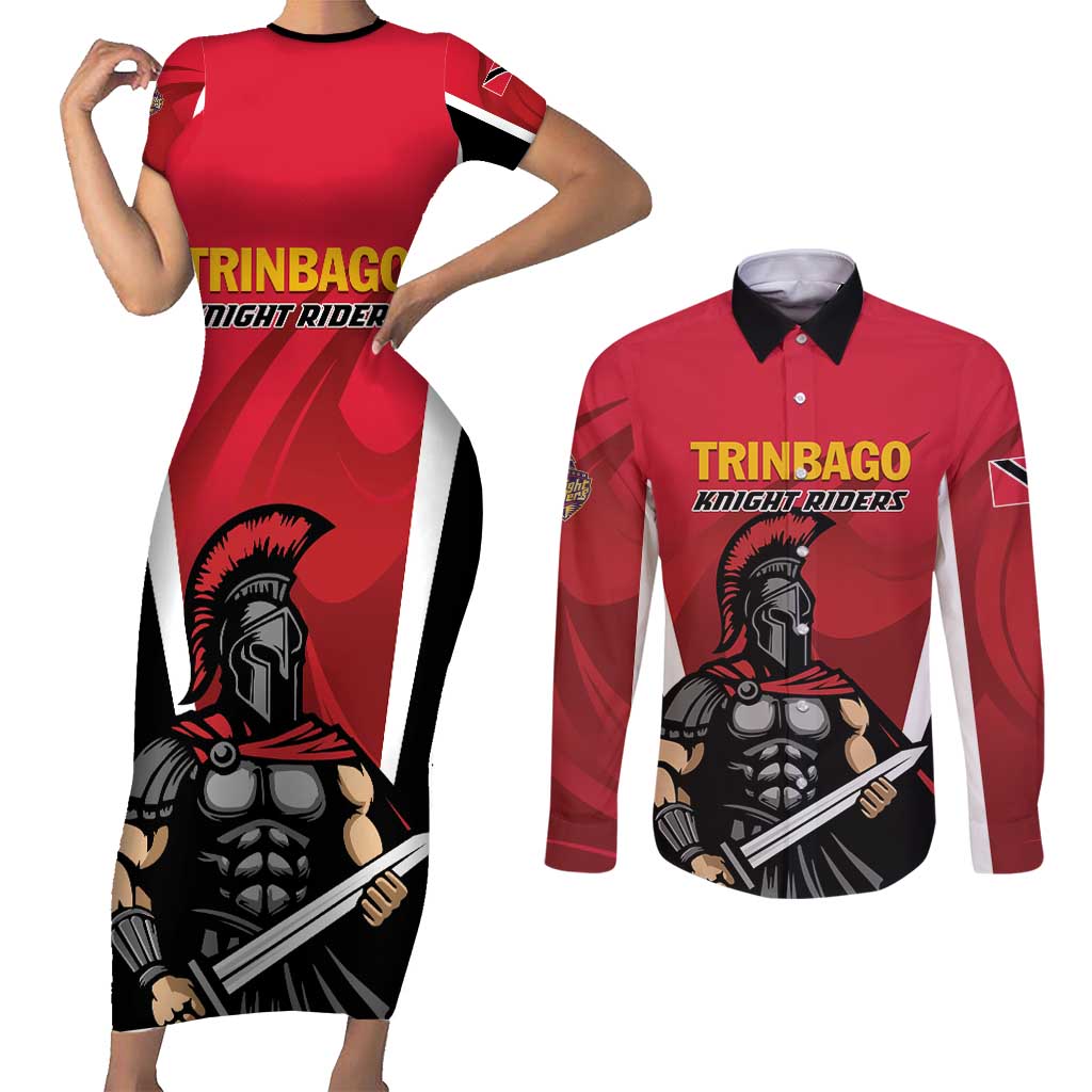 Custom Trinidad and Tobago Cricket Knight Riders Couples Matching Short Sleeve Bodycon Dress and Long Sleeve Button Shirt Trinbago Wave The Red - Wonder Print Shop