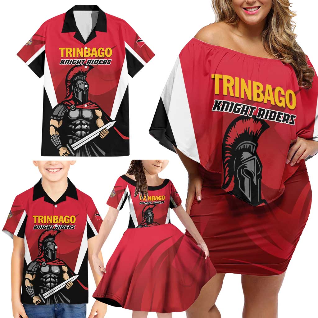 Custom Trinidad and Tobago Cricket Knight Riders Family Matching Off Shoulder Short Dress and Hawaiian Shirt Trinbago Wave The Red - Wonder Print Shop