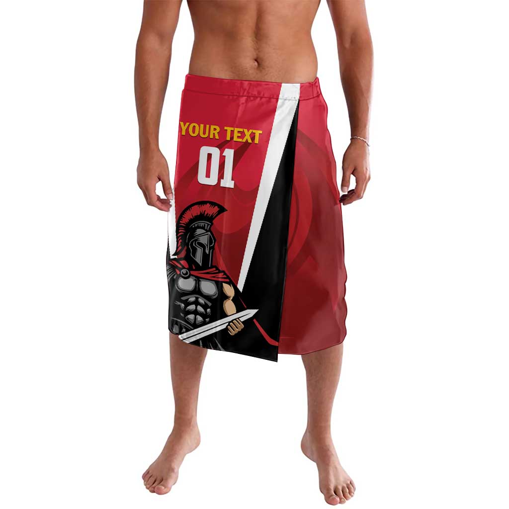 Red graphic swim shorts with elastic waistband and front panel design