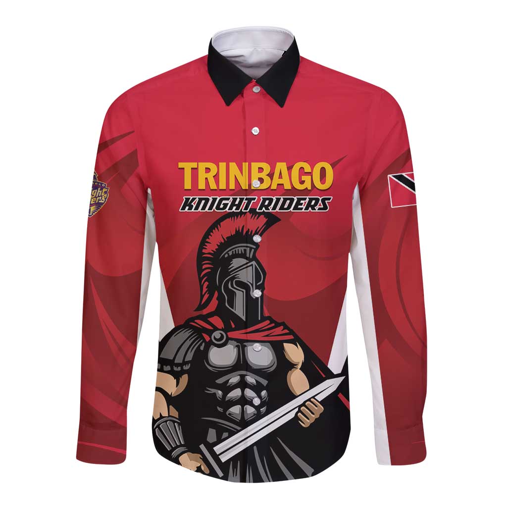 Red long-sleeve button cricket shirt with black collar and TRINBAGO Knight Riders graphic
