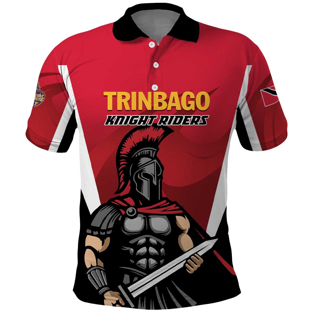 Red cricket polo shirt with black collar, front button placket, knight rider graphic