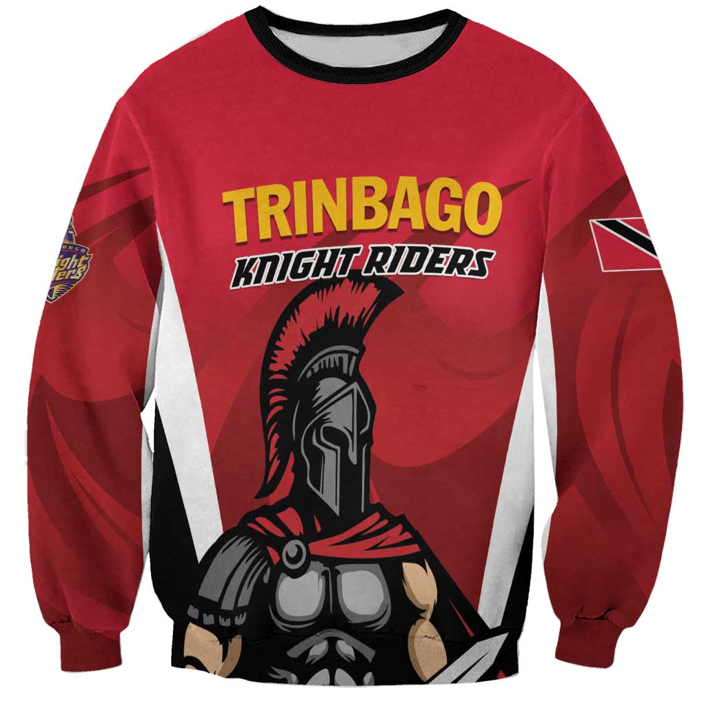Red crewneck sweatshirt with black rib trim and TRINBAGO KNIGHT RIDERS front graphic