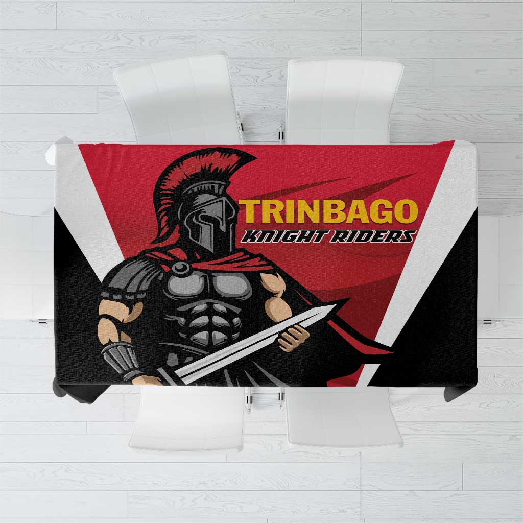 Red tablecloth with black knight graphic and TRINBAGO text, wave pattern