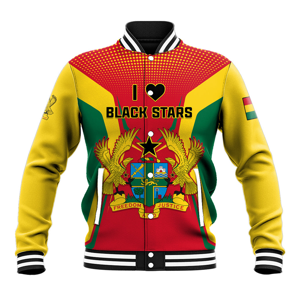 Unisex red, yellow, green baseball jacket with striped collar and Black Stars front graphic