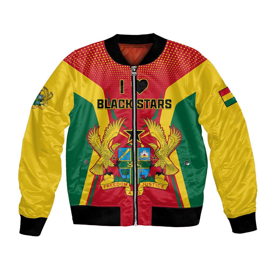 Unisex bomber jacket with zipper; yellow sleeves, red/green Black Stars front graphic