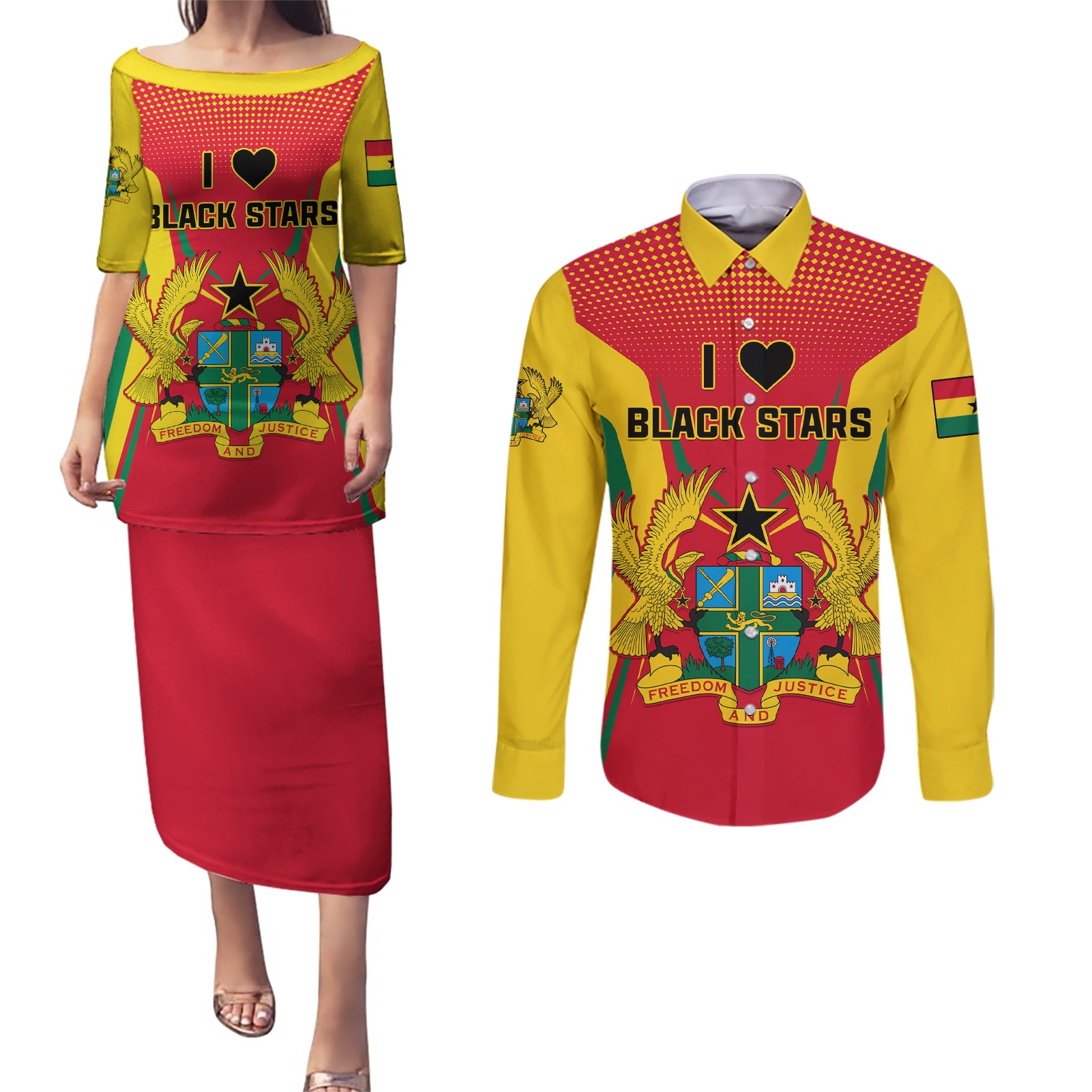 Ghana Football Couples Matching Puletasi and Long Sleeve Button Shirt I Love Black Stars - Wonder Print Shop