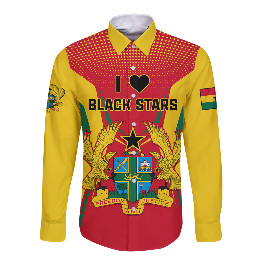 Red and yellow long-sleeve football button shirt with Black Stars front graphic