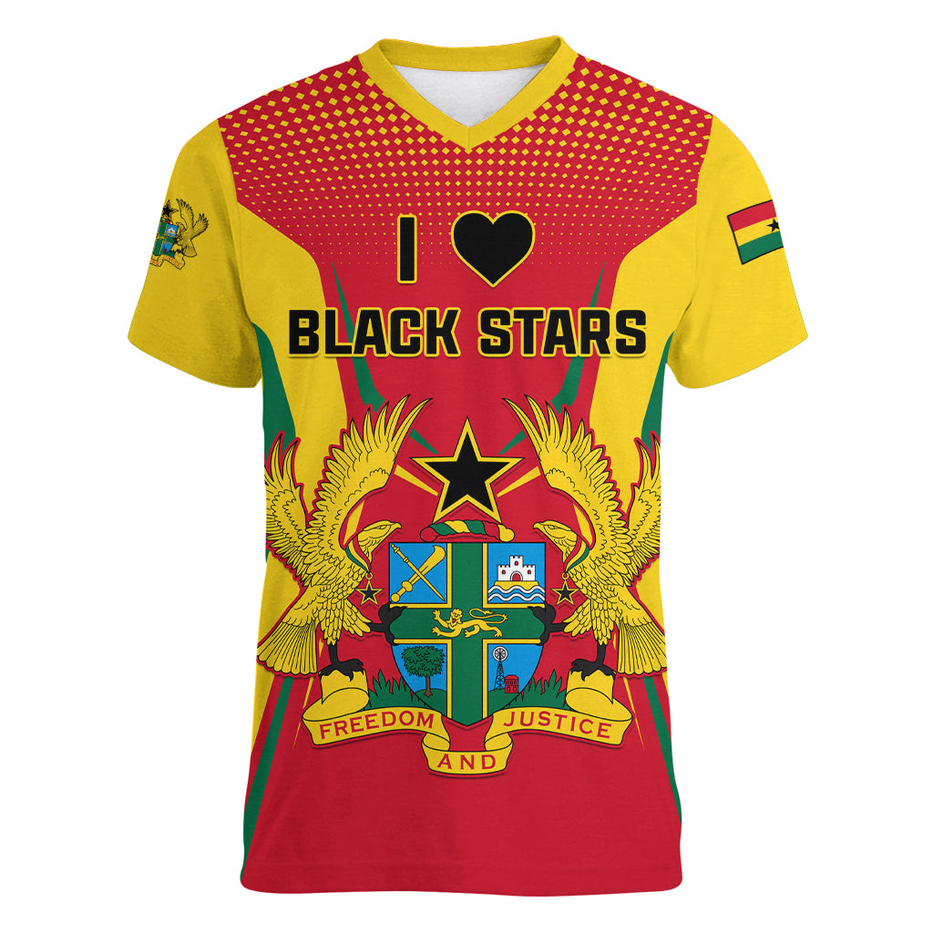 Ghana Football Women V Neck T Shirt I Love Black Stars - Wonder Print Shop