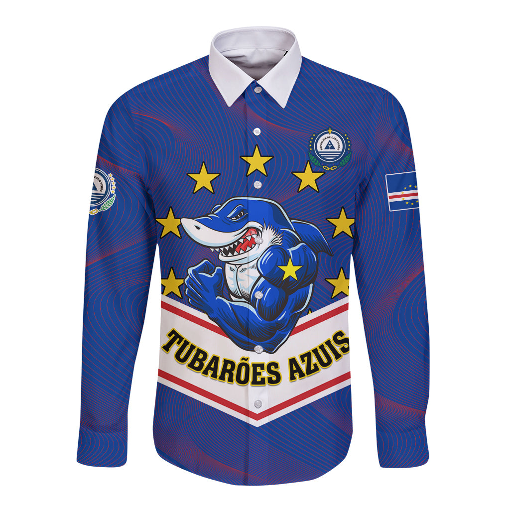 Blue long-sleeve button football shirt with shark graphic and star crest