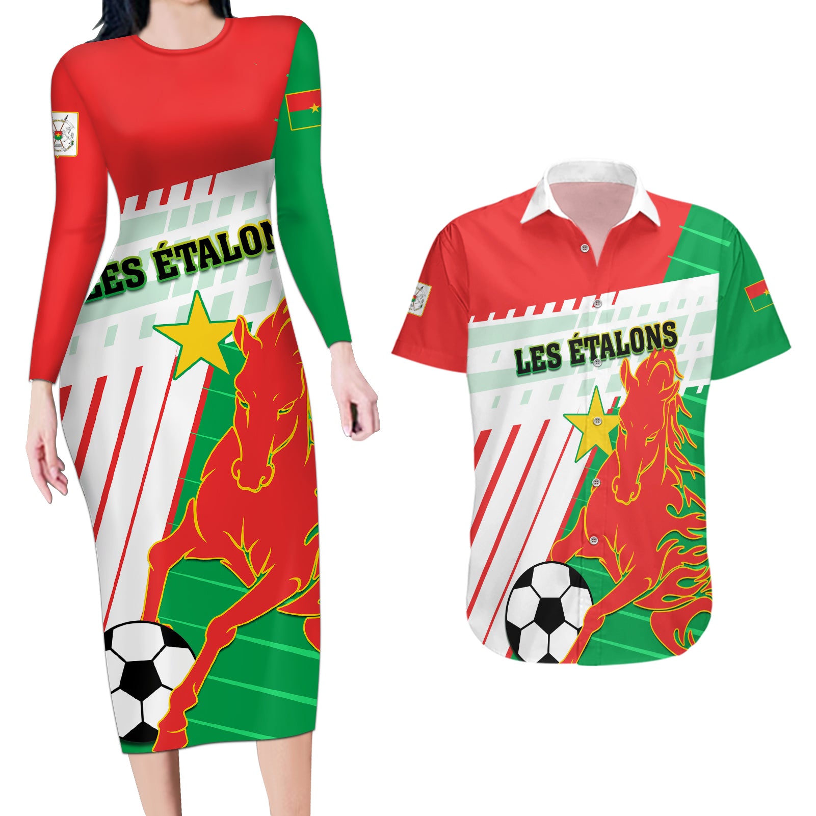 Burkina Faso Football Couples Matching Long Sleeve Bodycon Dress and Hawaiian Shirt Go Les Etalons - Wonder Print Shop