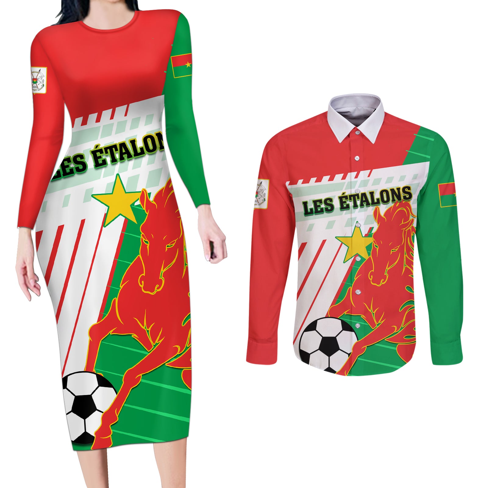 Burkina Faso Football Couples Matching Long Sleeve Bodycon Dress and Long Sleeve Button Shirt Go Les Etalons - Wonder Print Shop