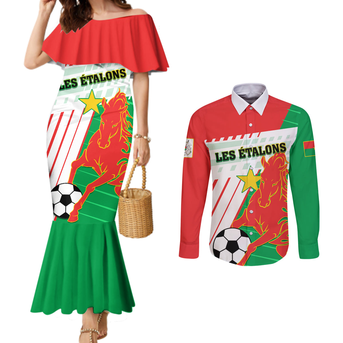 Burkina Faso Football Couples Matching Mermaid Dress and Long Sleeve Button Shirt Go Les Etalons