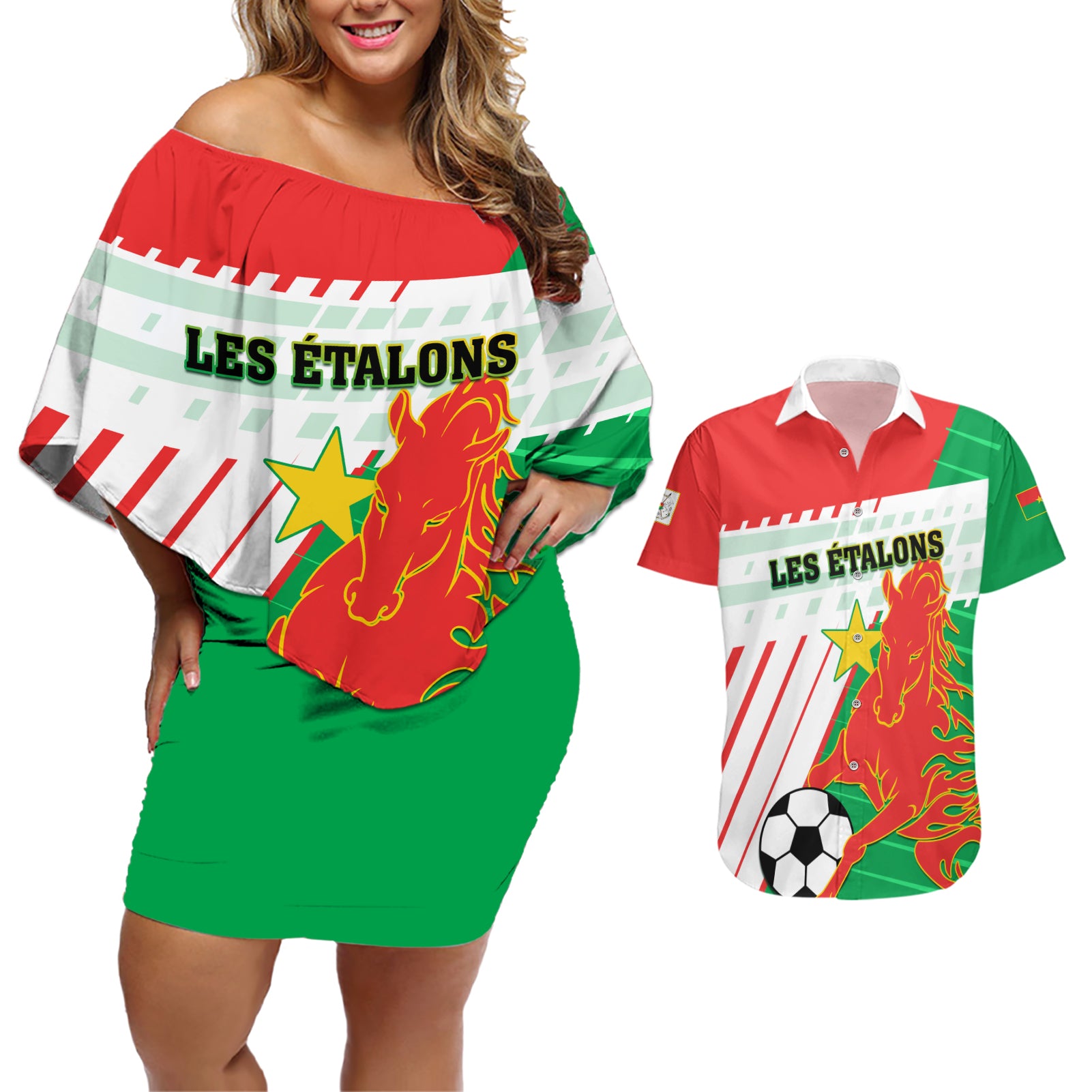 Burkina Faso Football Couples Matching Off Shoulder Short Dress and Hawaiian Shirt Go Les Etalons - Wonder Print Shop