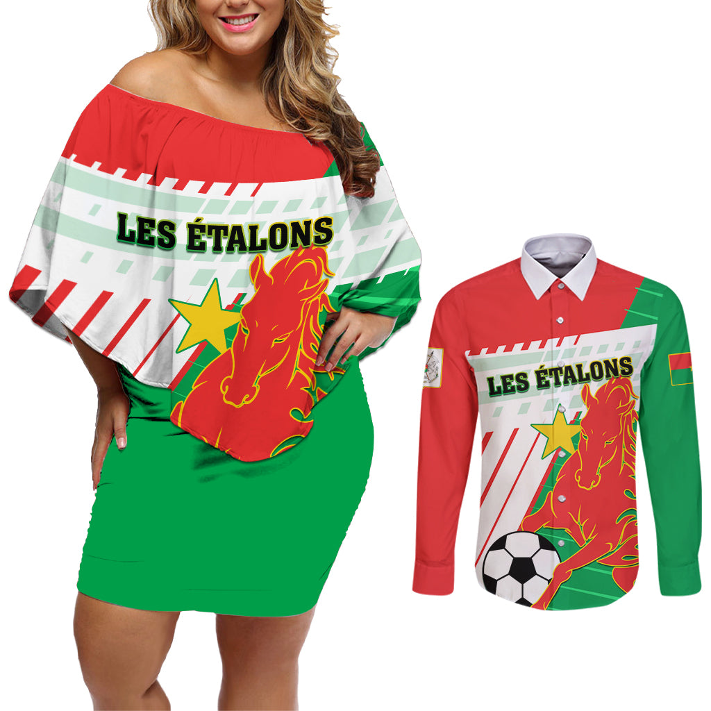 Burkina Faso Football Couples Matching Off Shoulder Short Dress and Long Sleeve Button Shirt Go Les Etalons - Wonder Print Shop