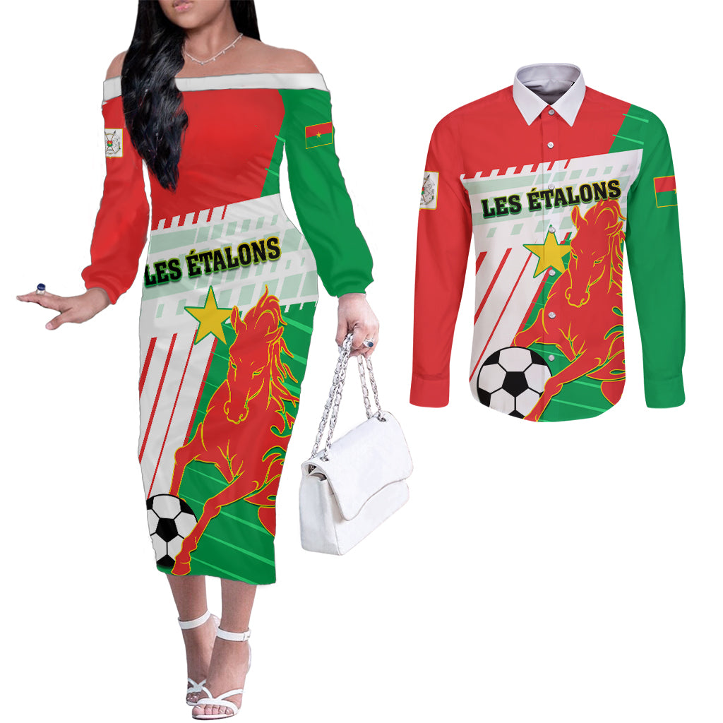 Burkina Faso Football Couples Matching Off The Shoulder Long Sleeve Dress and Long Sleeve Button Shirt Go Les Etalons