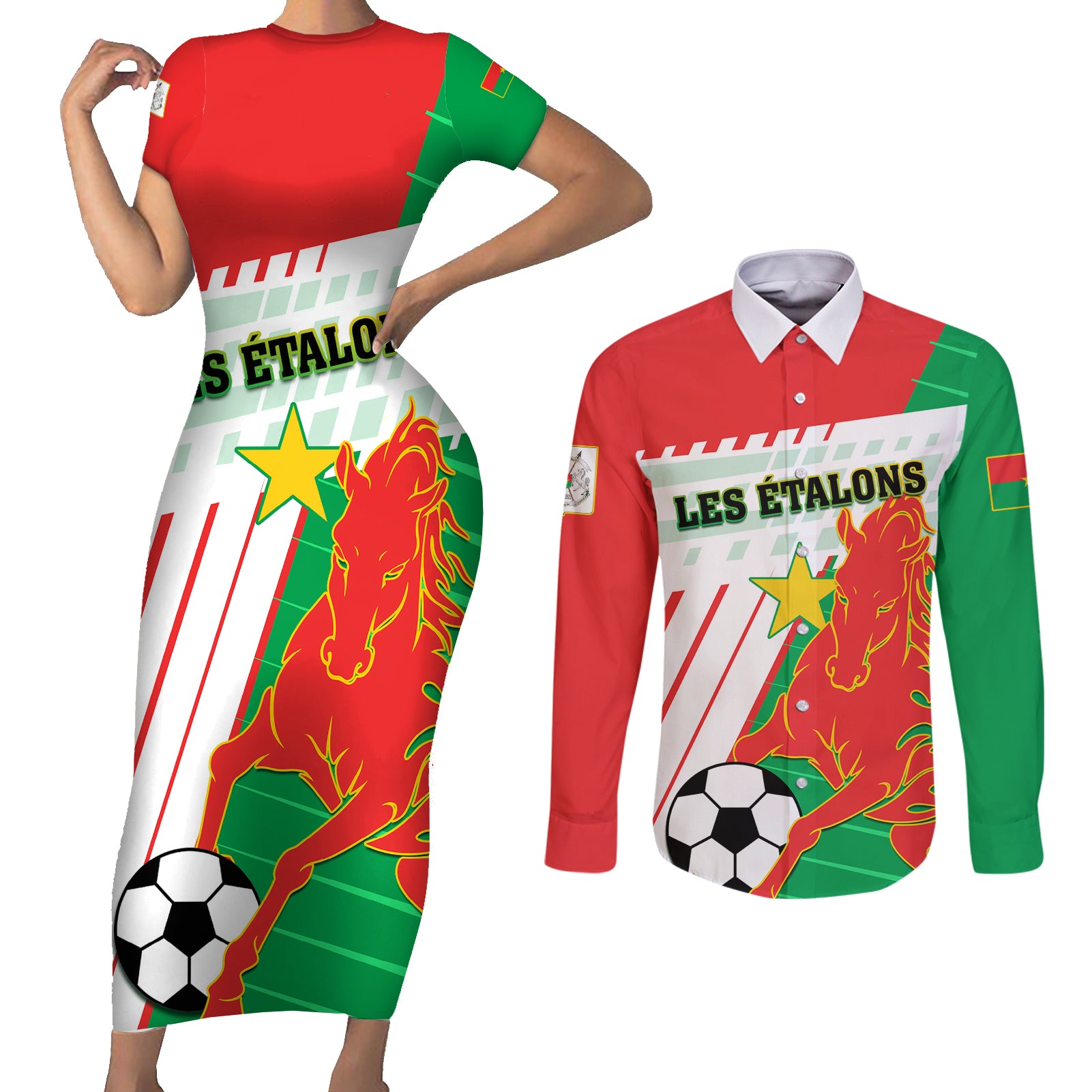 Burkina Faso Football Couples Matching Short Sleeve Bodycon Dress and Long Sleeve Button Shirt Go Les Etalons - Wonder Print Shop