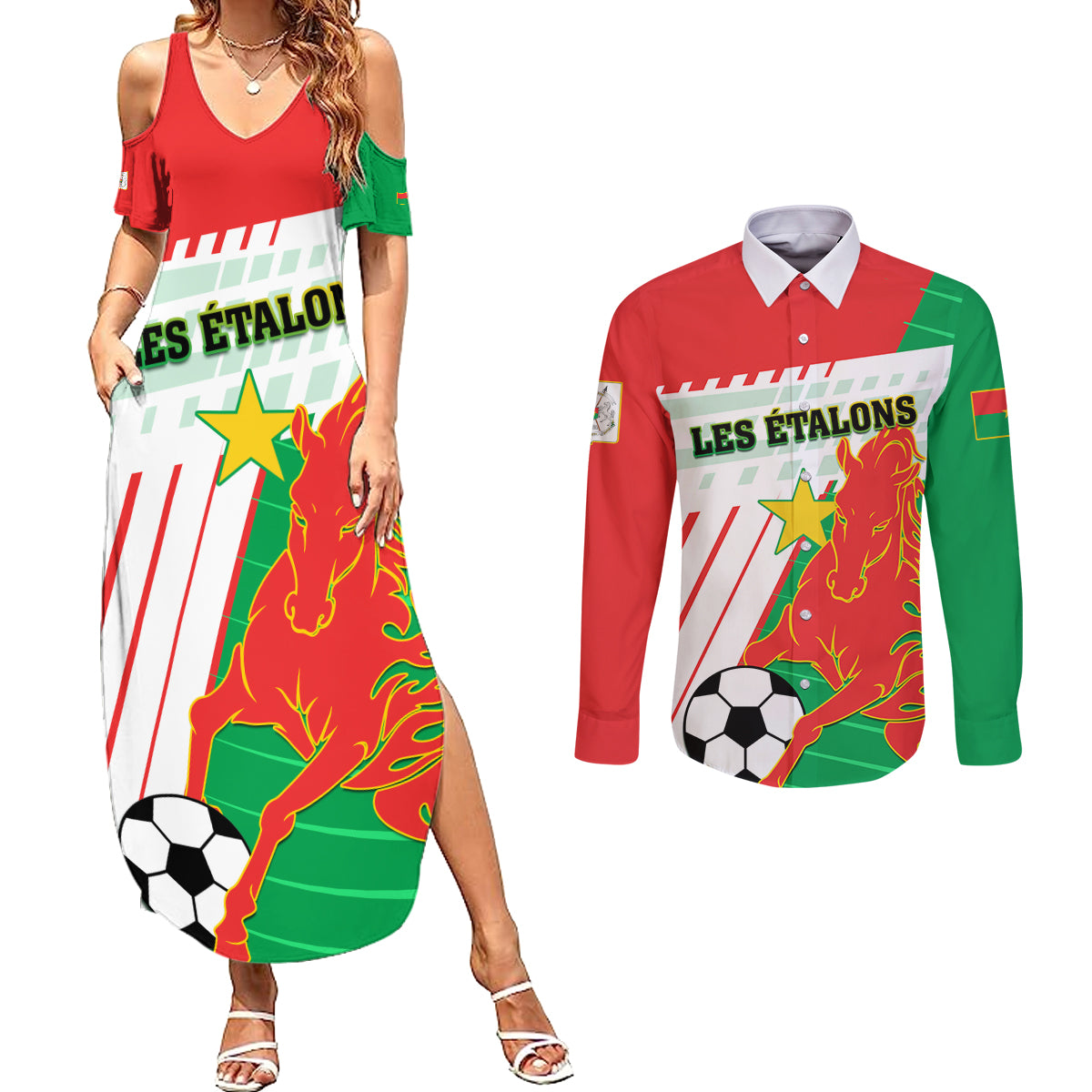 Burkina Faso Football Couples Matching Summer Maxi Dress and Long Sleeve Button Shirt Go Les Etalons - Wonder Print Shop