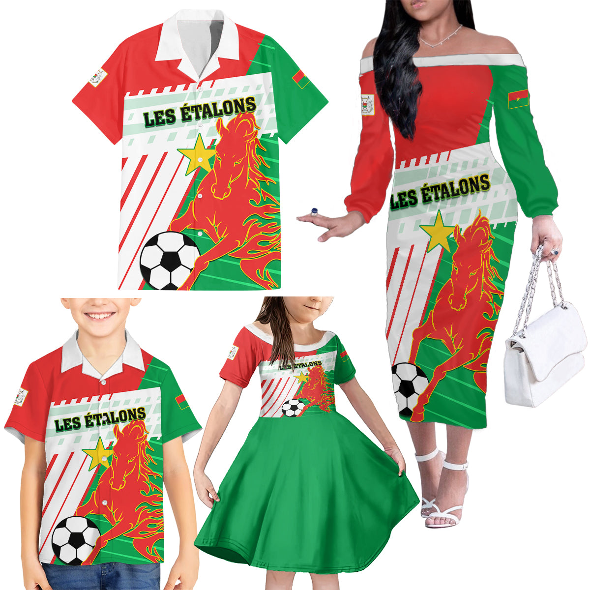 Burkina Faso Football Family Matching Off Shoulder Long Sleeve Dress and Hawaiian Shirt Go Les Etalons - Wonder Print Shop