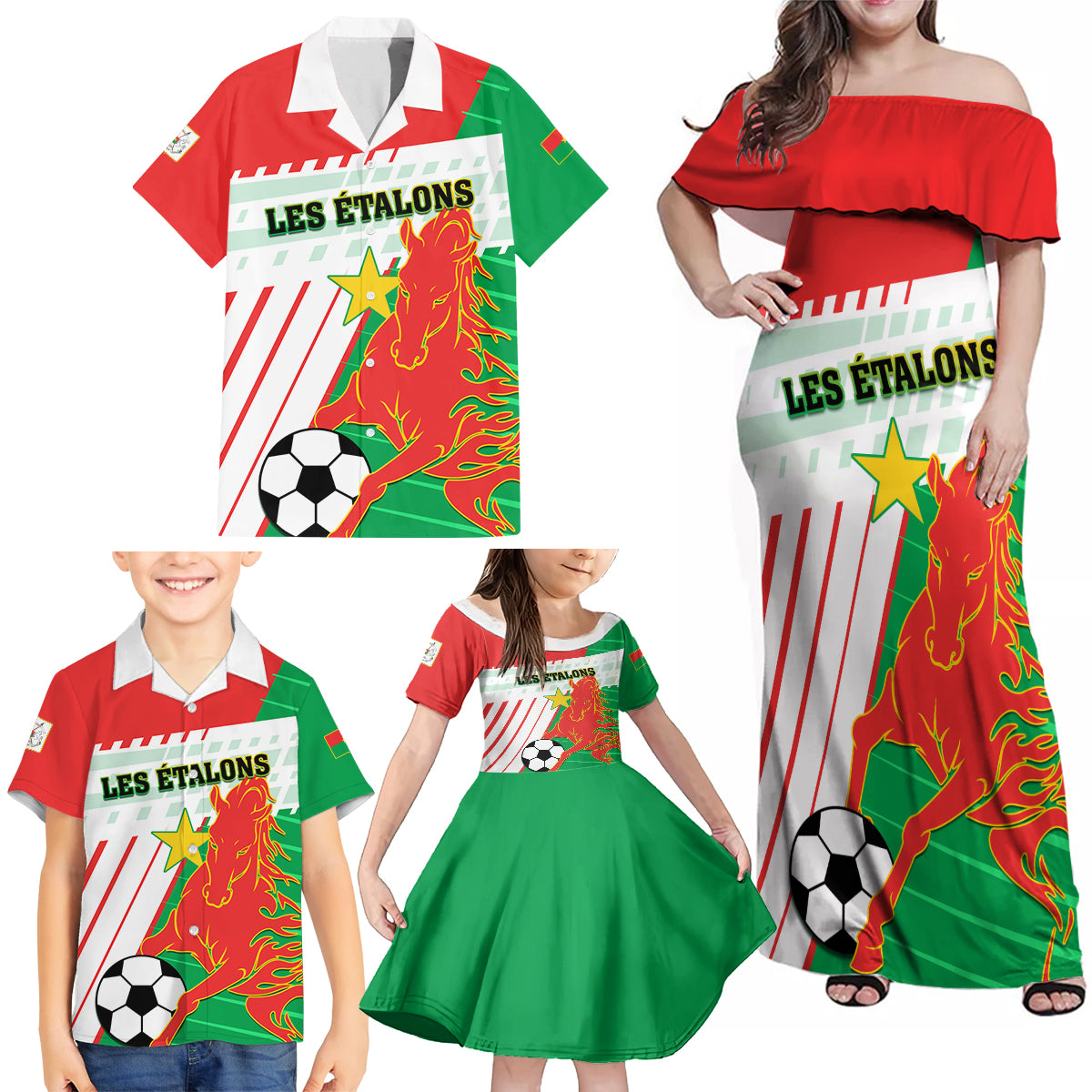 Burkina Faso Football Family Matching Off Shoulder Maxi Dress and Hawaiian Shirt Go Les Etalons - Wonder Print Shop