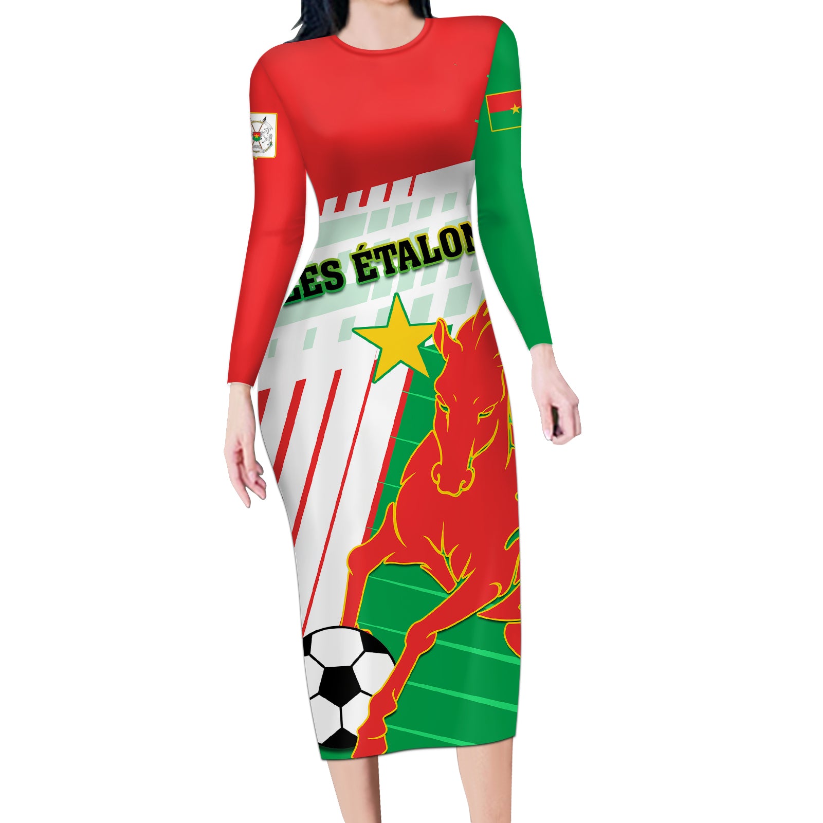 Burkina Faso Football Long Sleeve Bodycon Dress Go Les Etalons - Wonder Print Shop