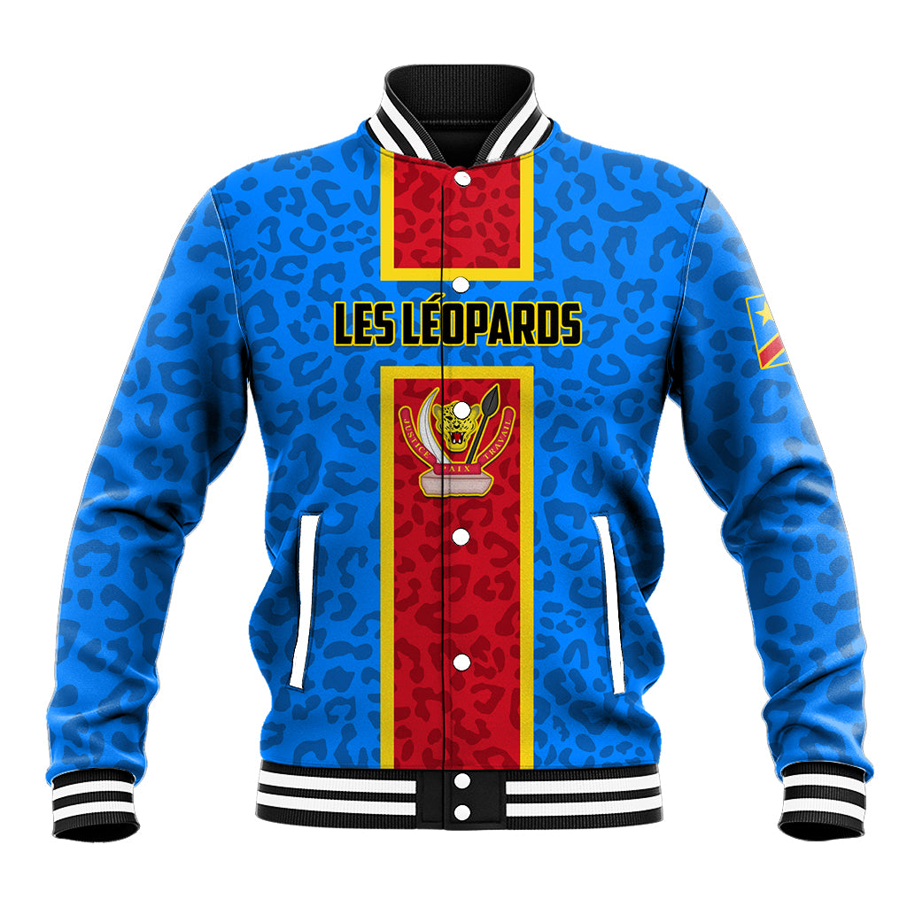 Blue leopard-print baseball jacket with red/yellow panel, striped collar, snap buttons.