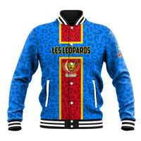 Blue leopard-print baseball jacket with red/yellow panel, striped collar, snap buttons.
