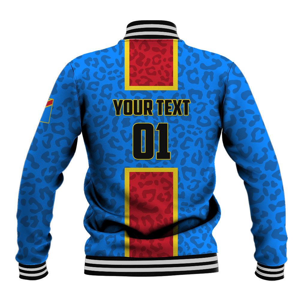 Blue leopard-print baseball jacket with back graphic and '01' number, striped rib hem.