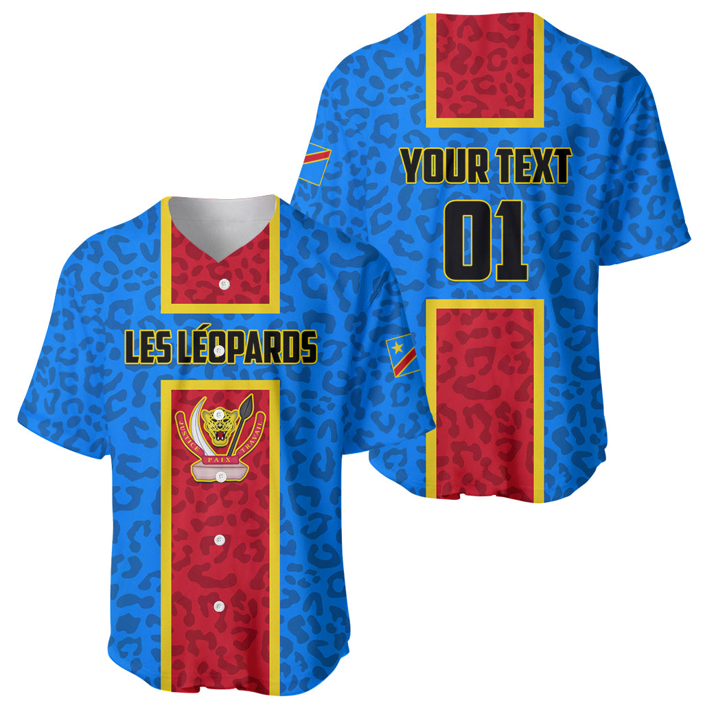 Blue baseball jersey with red patterned panels, Les Léopards crest, front and back view