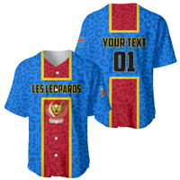 Blue baseball jersey with red patterned panels, Les Léopards crest, front and back view