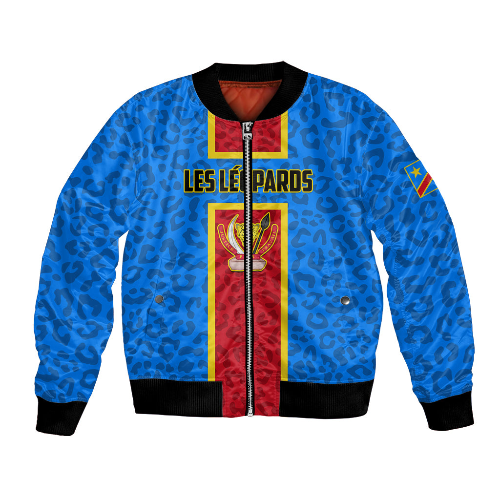 Blue unisex bomber jacket with front zipper, black ribbed cuffs, crest and sleeve patch