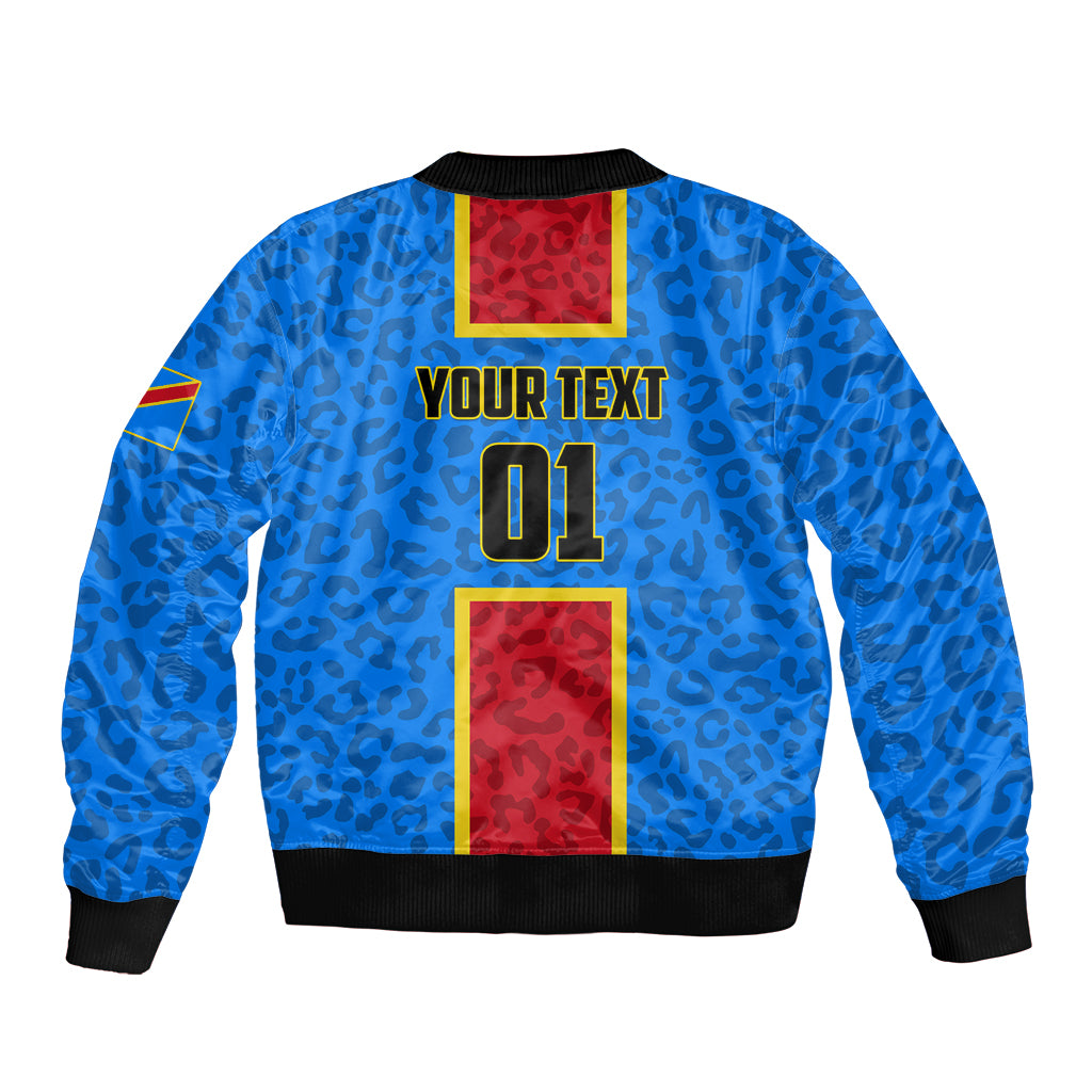 Blue unisex bomber jacket with back 01 print, red and yellow panel accents, ribbed hem