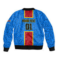 Blue unisex bomber jacket with back 01 print, red and yellow panel accents, ribbed hem
