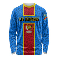 Long sleeve blue football shirt with red center stripe, yellow trim, and Les Léopards graphic