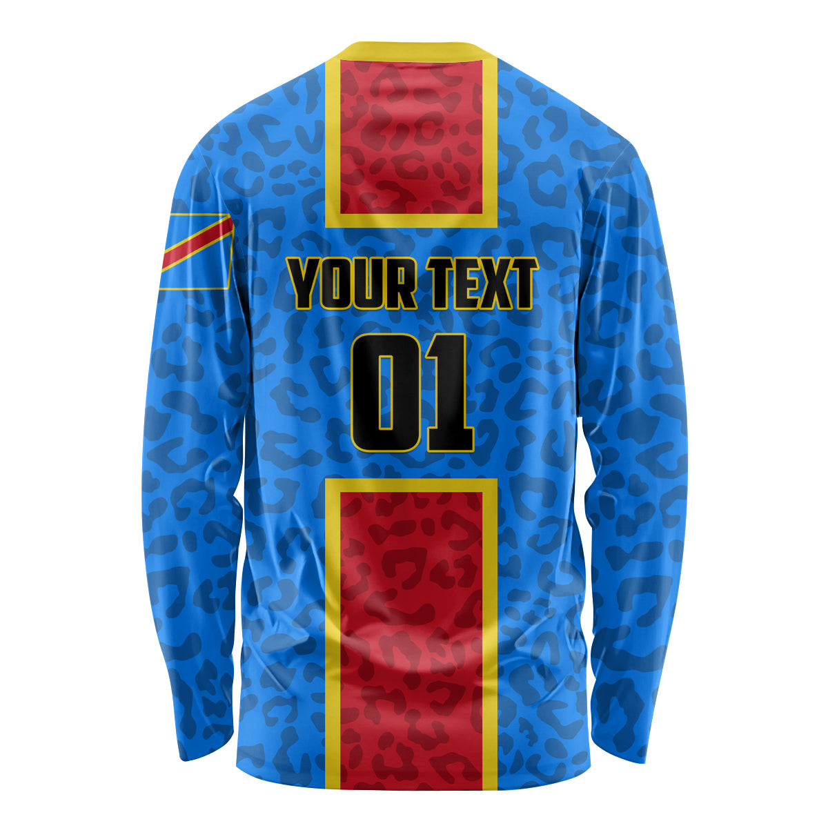 Blue long-sleeve football jersey back, leopard print with 'YOUR TEXT' and '01'.