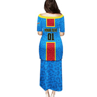 Blue long football dress, leopard print, yellow trim, back number and text