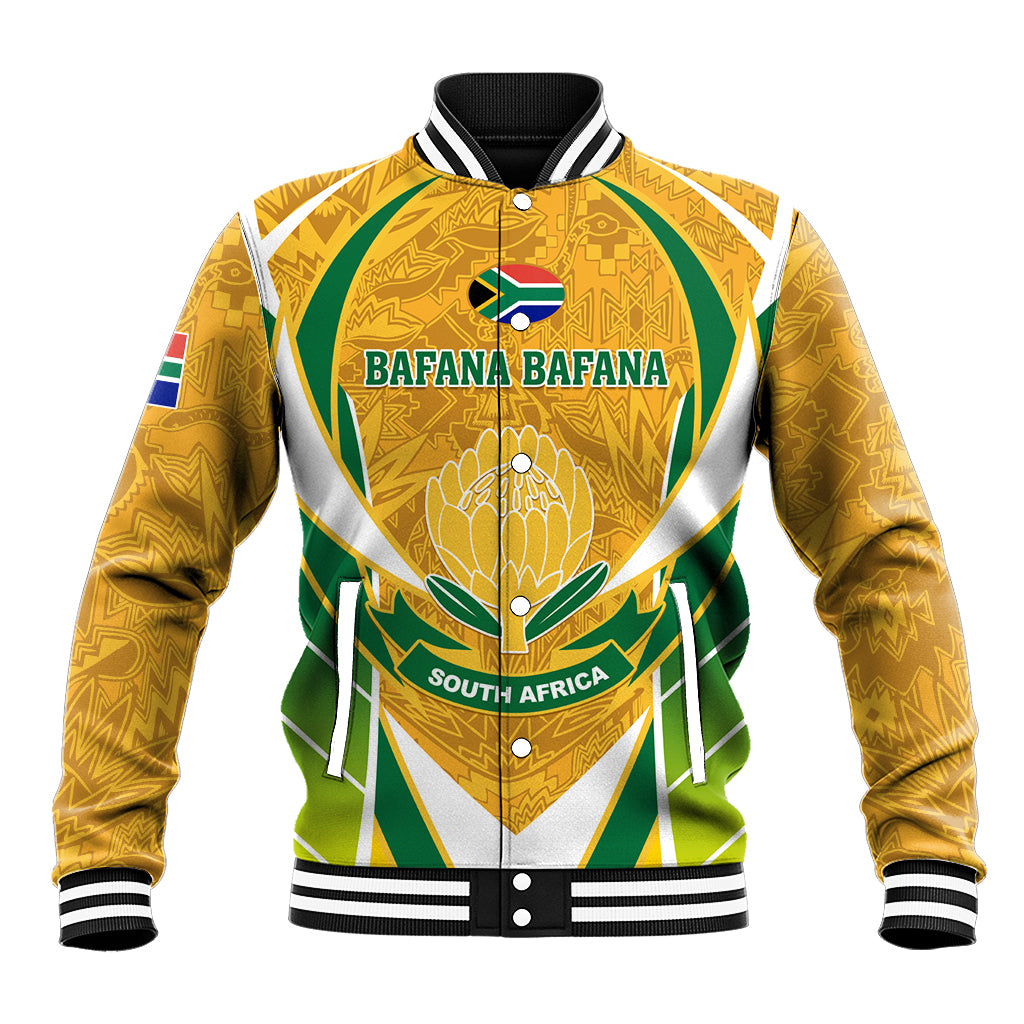 Unisex yellow varsity baseball jacket with zip, striped collar, Bafana Bafana emblem