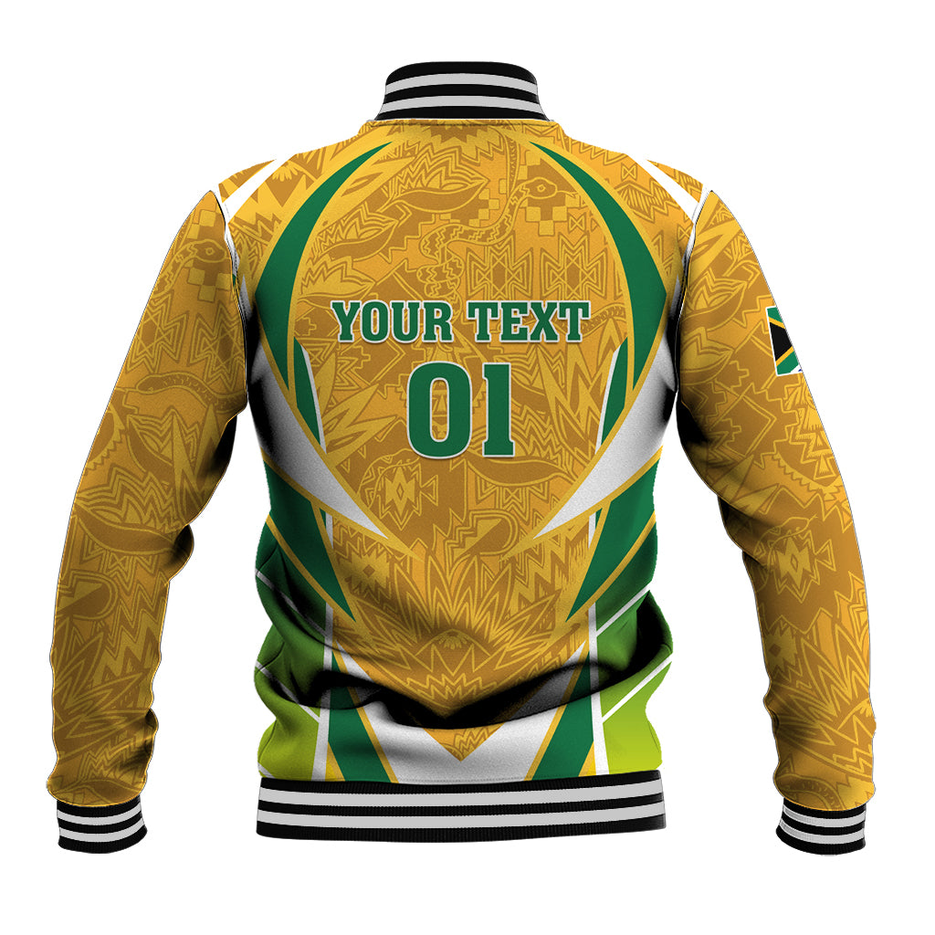 Unisex yellow varsity baseball jacket, back print with 'YOUR TEXT 01' and striped rib trim