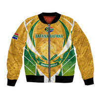 Yellow soccer bomber jacket with zip front, green/white crest and BAFANA BAFANA