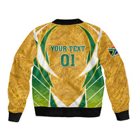 Yellow soccer bomber jacket, back print YOUR TEXT 01 with green and white stripe