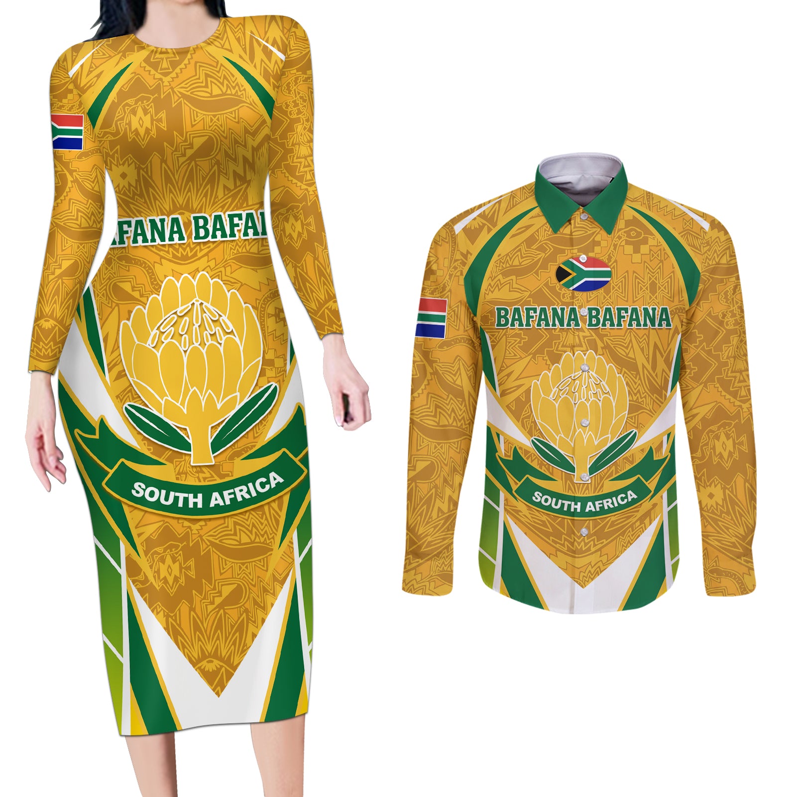 South Africa Soccer Couples Matching Long Sleeve Bodycon Dress and Long Sleeve Button Shirt Come On Bafana Bafana - Wonder Print Shop