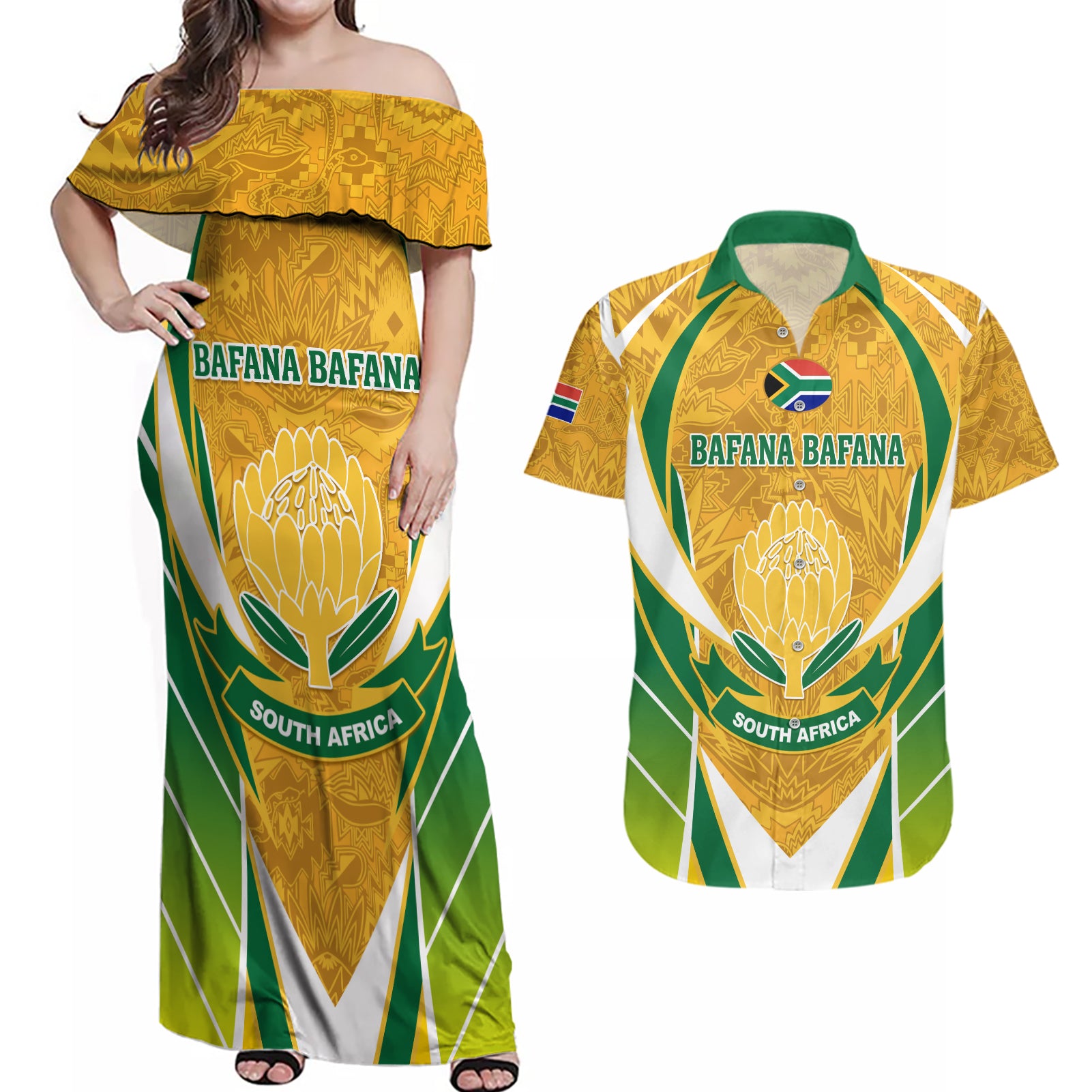 South Africa Soccer Couples Matching Off Shoulder Maxi Dress and Hawaiian Shirt Come On Bafana Bafana - Wonder Print Shop