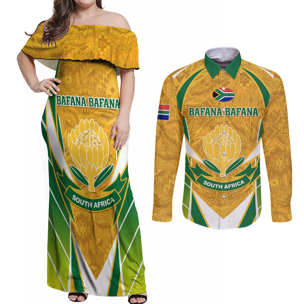 South Africa Soccer Couples Matching Off Shoulder Maxi Dress and Long Sleeve Button Shirt Come On Bafana Bafana - Wonder Print Shop