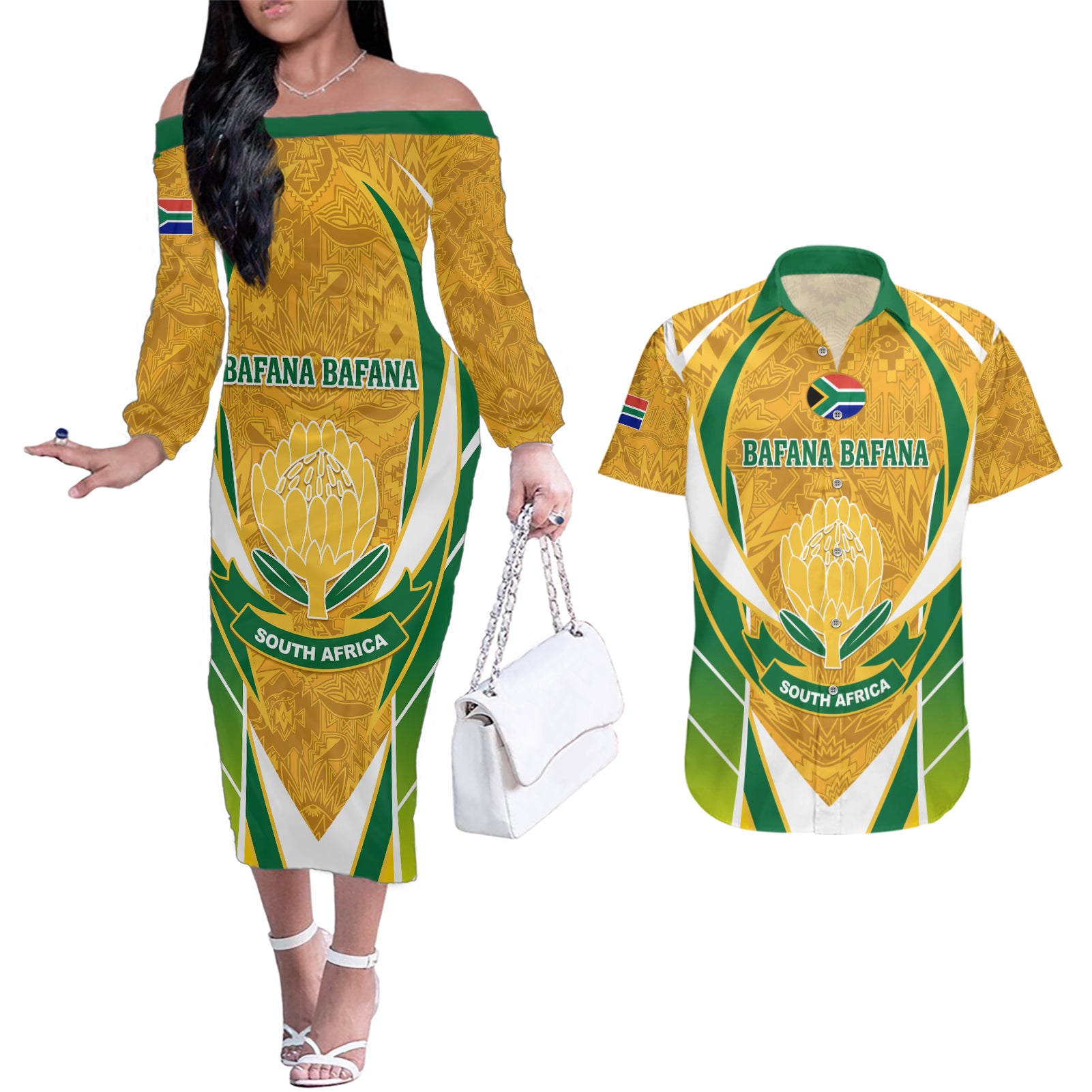 South Africa Soccer Couples Matching Off The Shoulder Long Sleeve Dress and Hawaiian Shirt Come On Bafana Bafana - Wonder Print Shop