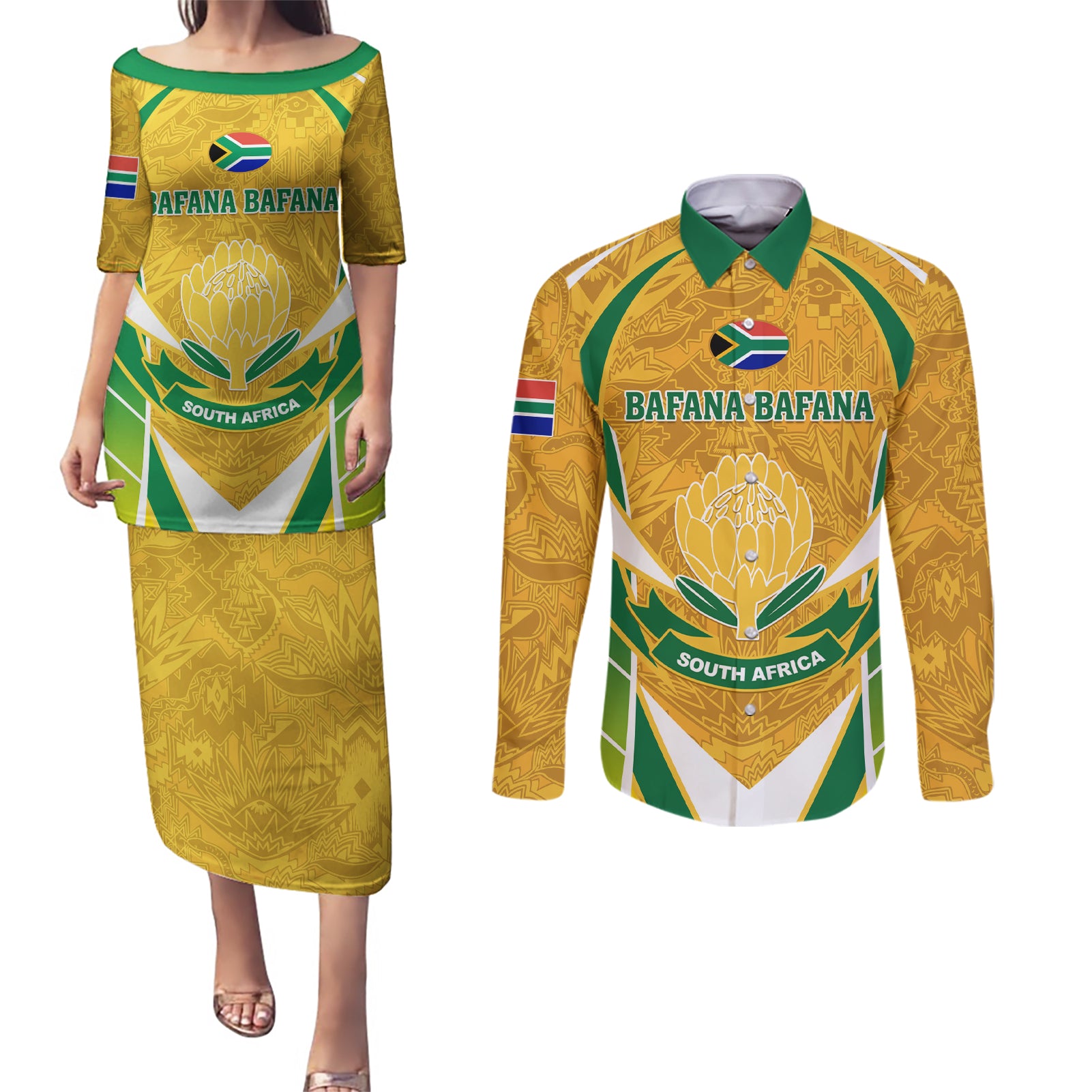 South Africa Soccer Couples Matching Puletasi and Long Sleeve Button Shirt Come On Bafana Bafana - Wonder Print Shop