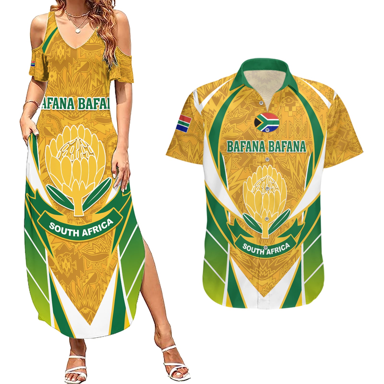 South Africa Soccer Couples Matching Summer Maxi Dress and Hawaiian Shirt Come On Bafana Bafana - Wonder Print Shop