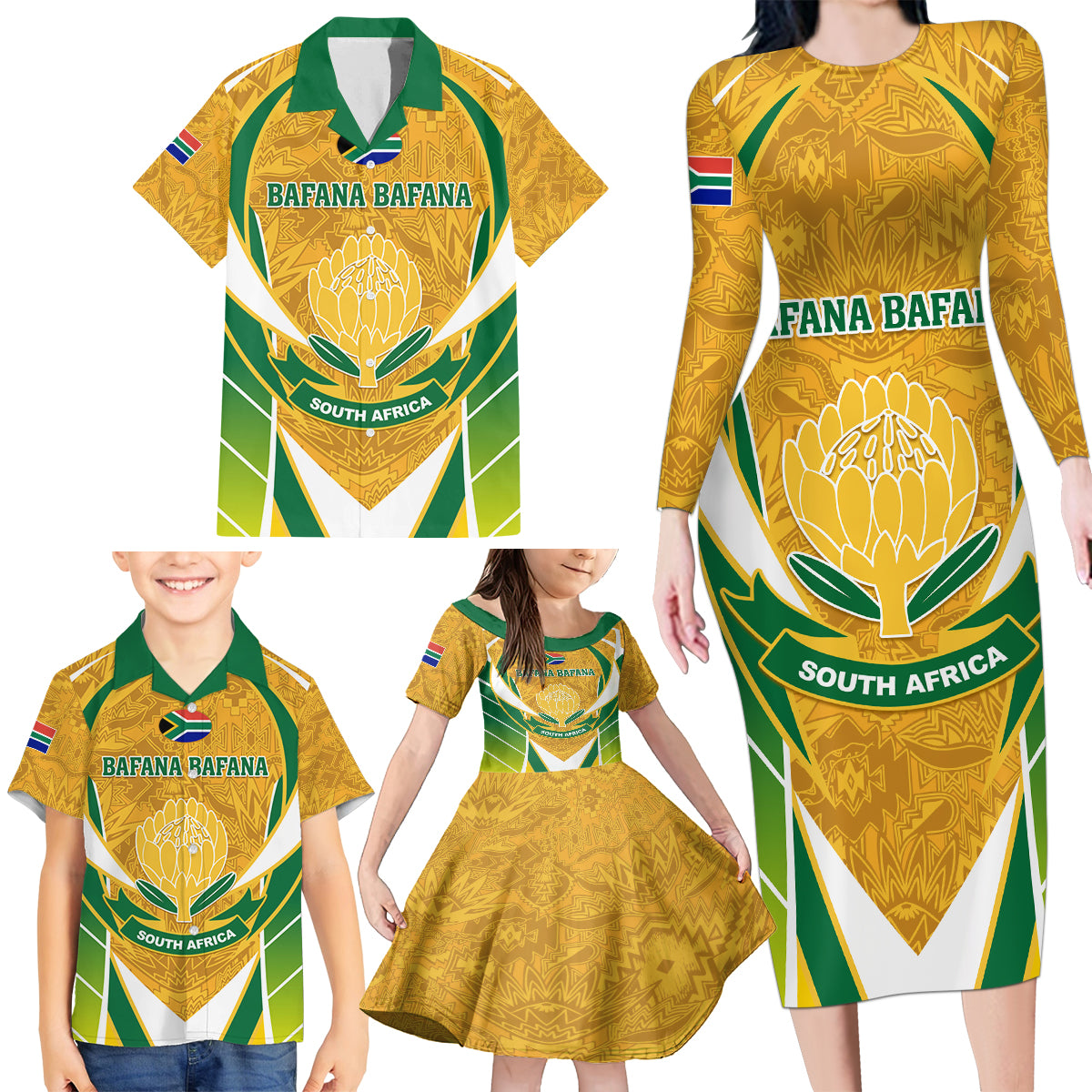 South Africa Soccer Family Matching Long Sleeve Bodycon Dress and Hawaiian Shirt Come On Bafana Bafana - Wonder Print Shop