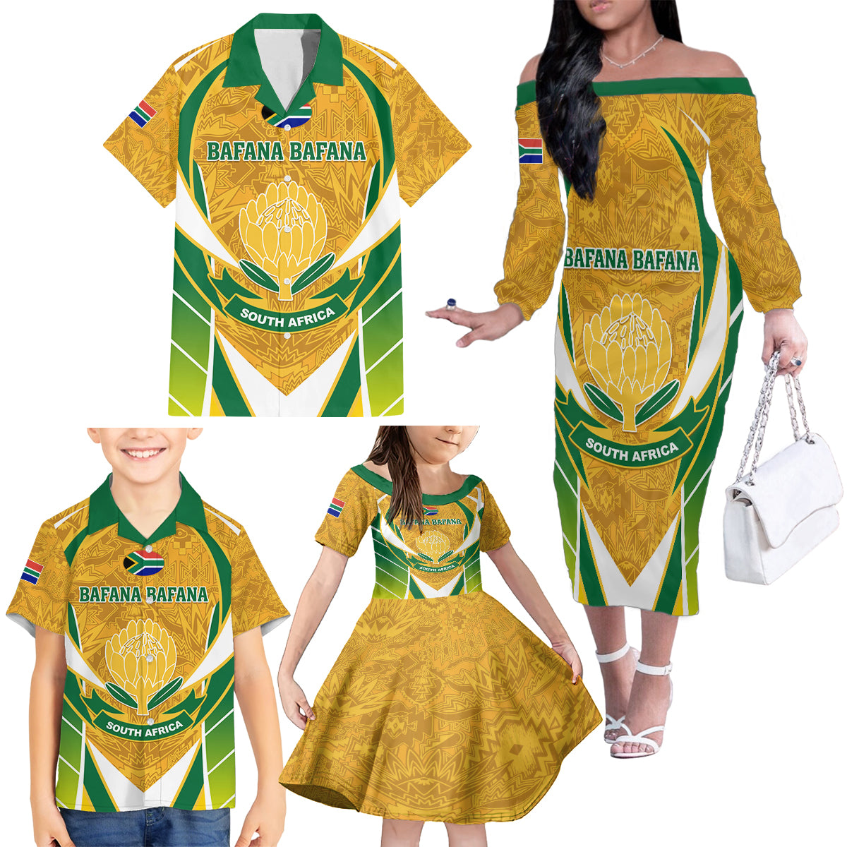 South Africa Soccer Family Matching Off Shoulder Long Sleeve Dress and Hawaiian Shirt Come On Bafana Bafana - Wonder Print Shop