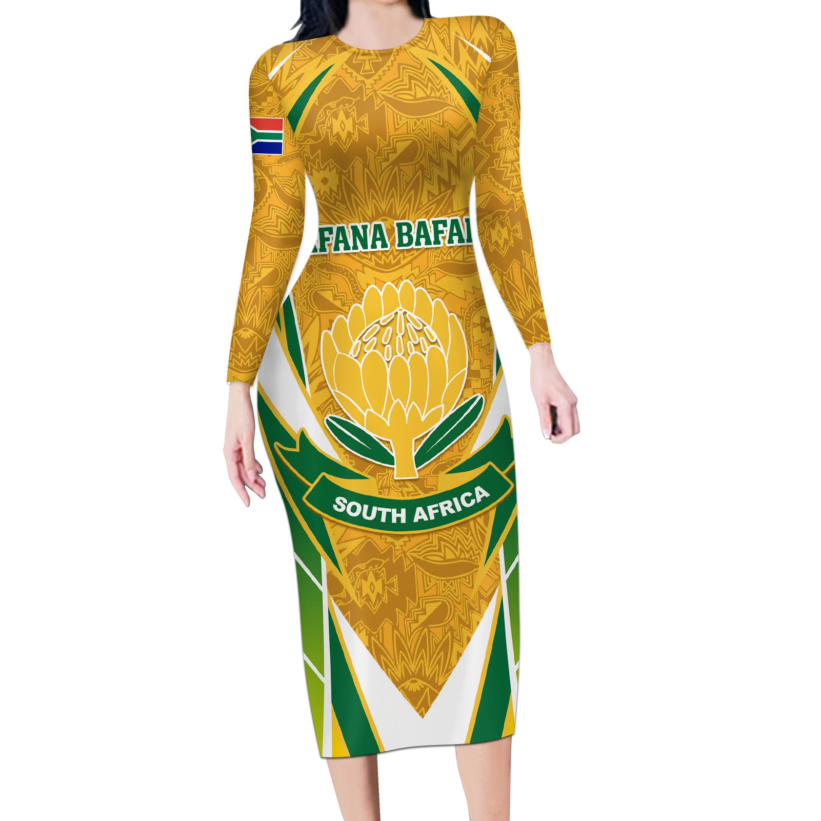 South Africa Soccer Long Sleeve Bodycon Dress Come On Bafana Bafana - Wonder Print Shop