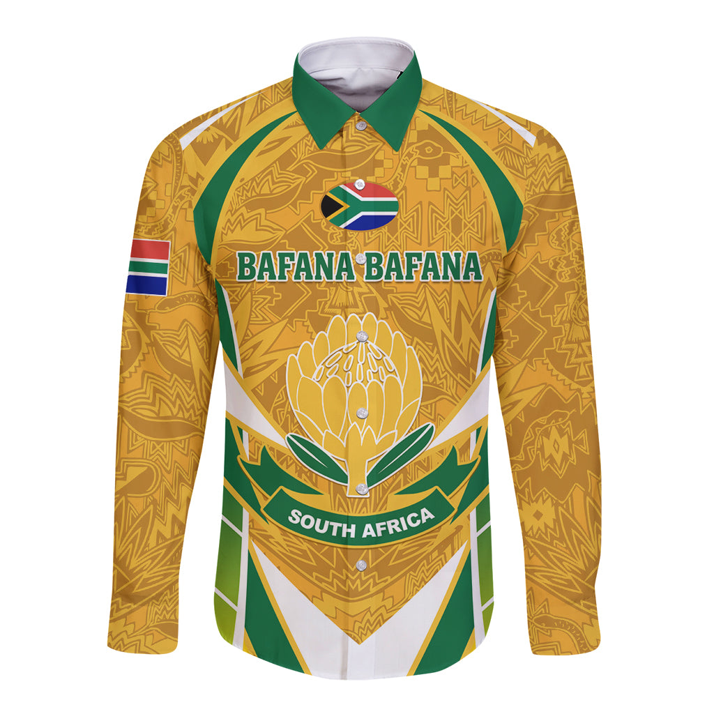 Yellow long-sleeve button soccer shirt with green collar and Bafana Bafana crest